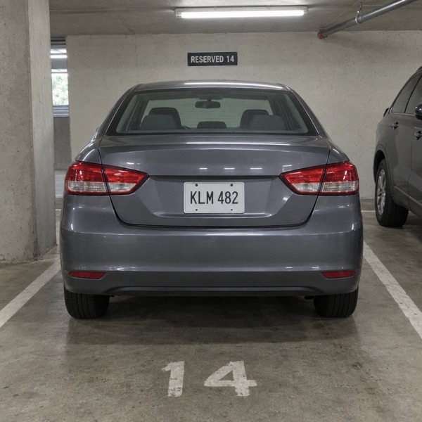 Photo of a grey car parked in spot 14, plate KLM 482
