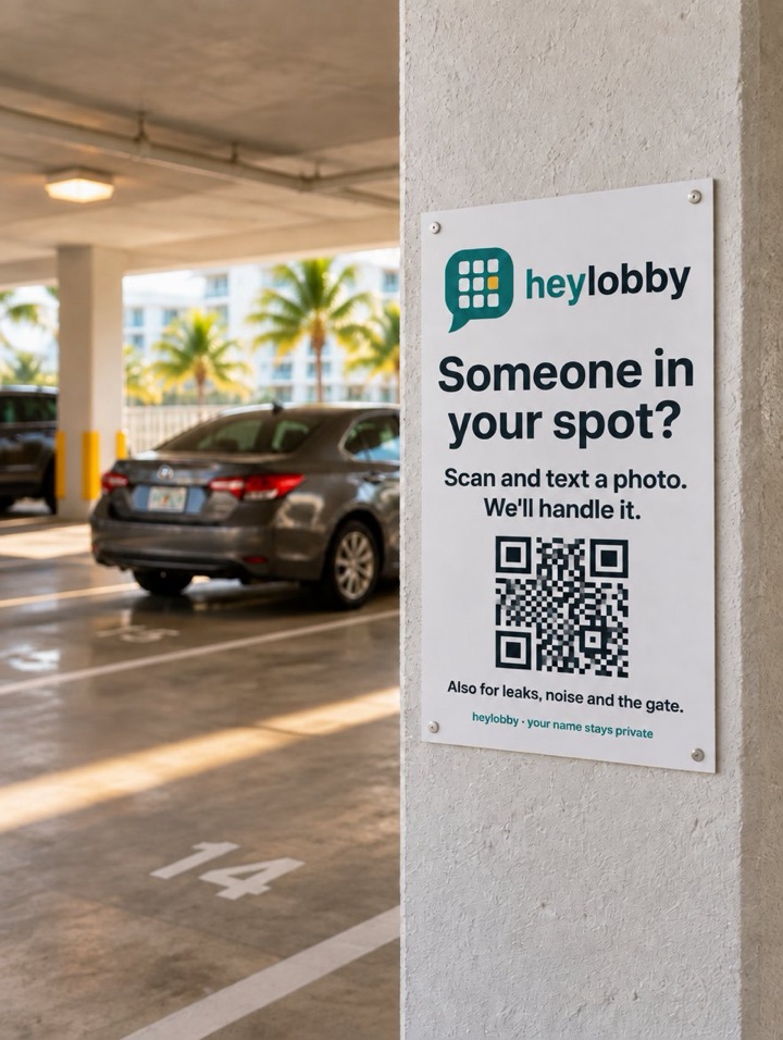 HeyLobby poster in the garage: Someone in your spot? Scan and text a photo.
