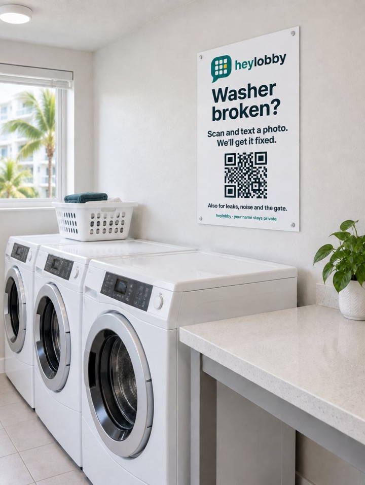HeyLobby poster in the laundry room: Washer broken? Scan and text a photo.